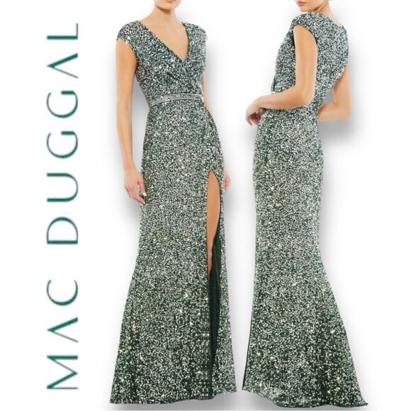 MAC DUGGAL Women’s Cap Sleeve Sequined High Slit Gown in the Size 4 Forest Green - Picture 1 of 8